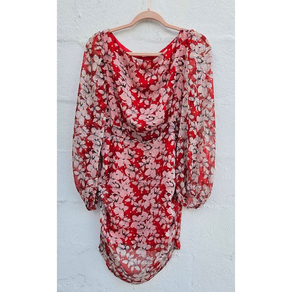Traffic People Dress Womens‎ Medium Red Gold Floral Chiffon Ruched Sheer Mini